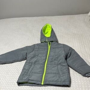 Children's Gray Puffer Jacket with Neon Green Lining